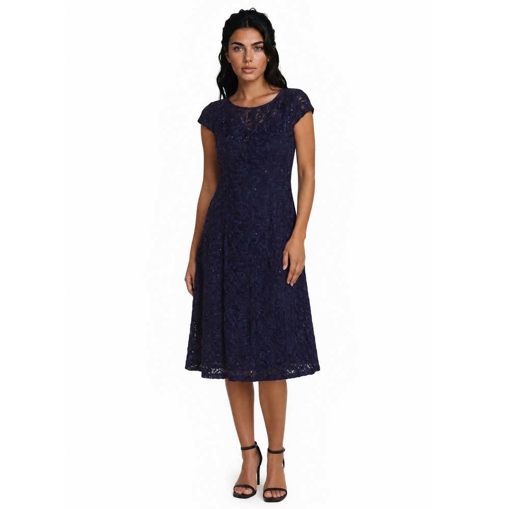 NEW Alex Evenings Midi Dress Women Size 6 Navy Blue Floral Rose Sequin MSRP $219